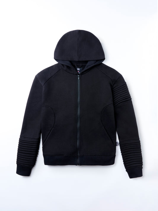 The RIGEL hoodie from PALKAN, a custom designed full-zip hoodie with wrist and shoulder pleats