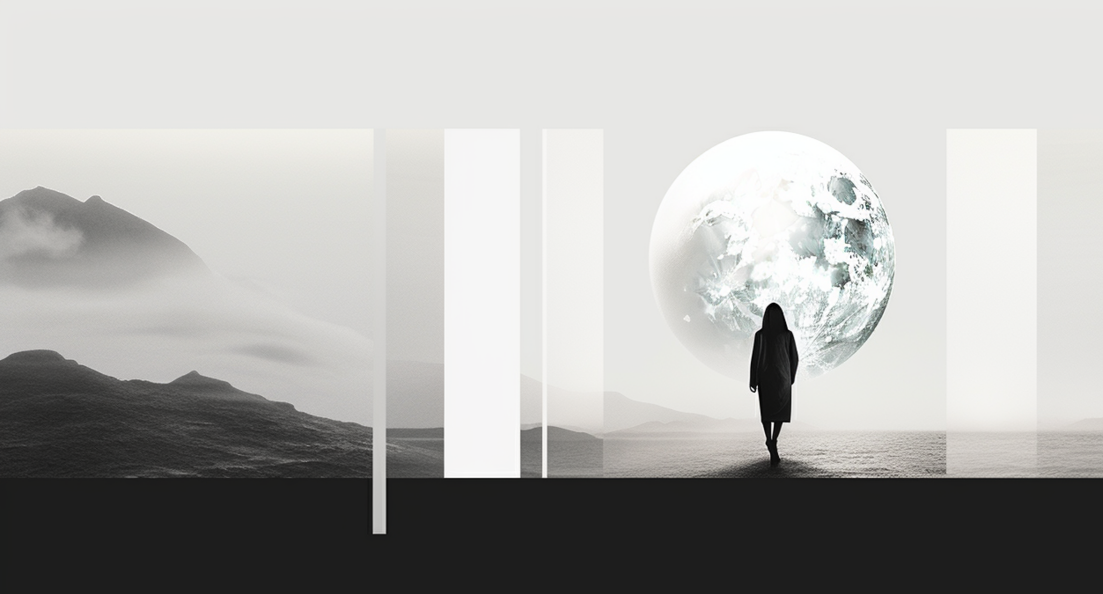 A man in a dark shawl walking across a monochrome abstract landscape towards the Moon