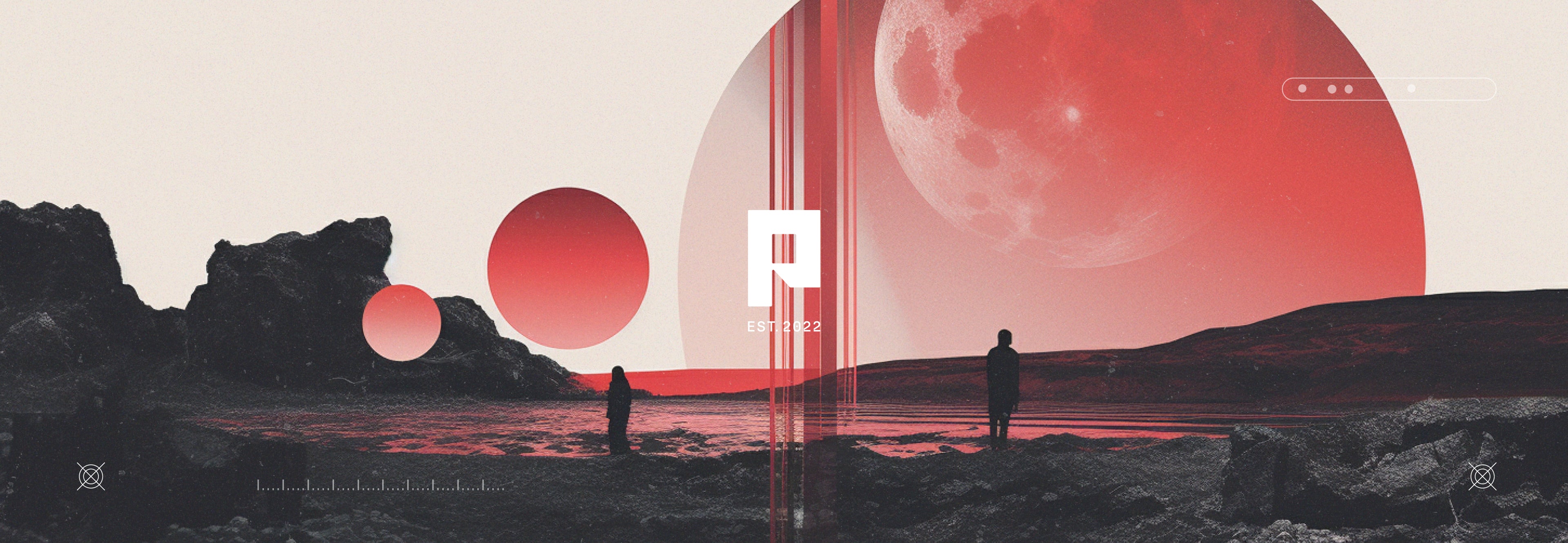 Two people walking across a vast desert world with a red moon hanging over the horizon